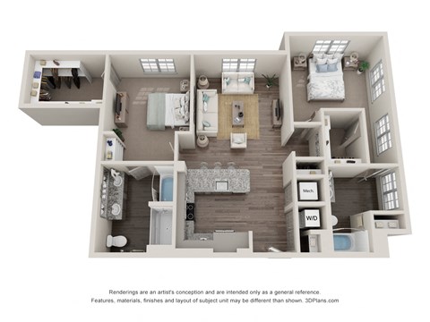 Floor plan for 2 beds, 2 baths, 1254 sqft